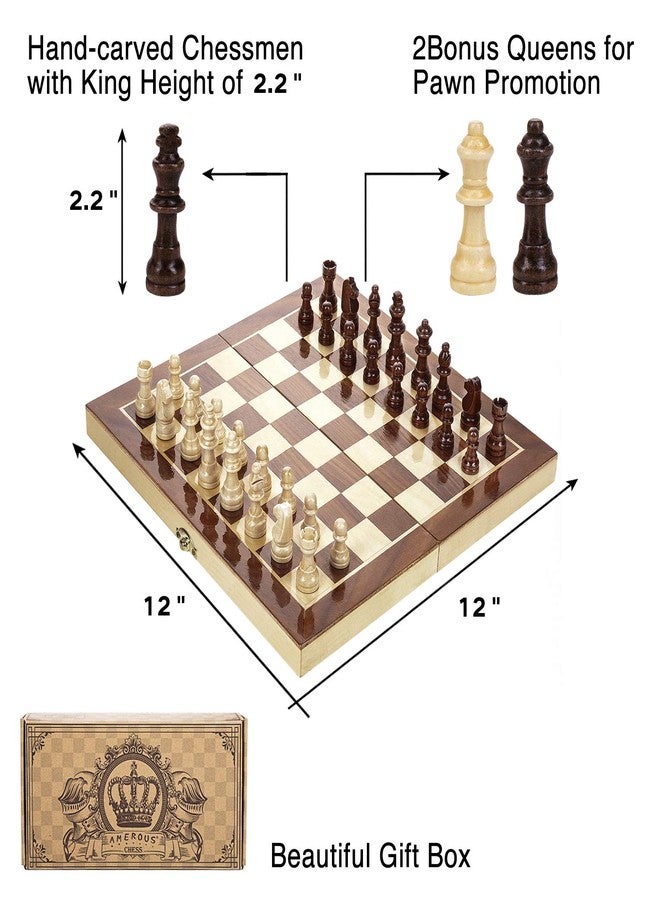 AMEROUS 12" x 12" Magnetic Wooden Chess Set for Kids and 6 up Age, 2 Bonus Extra Queens, Folding Board with Storage Slots, Handmade Chess Pieces, Portable Travel Chess Board Game Sets - Image 4